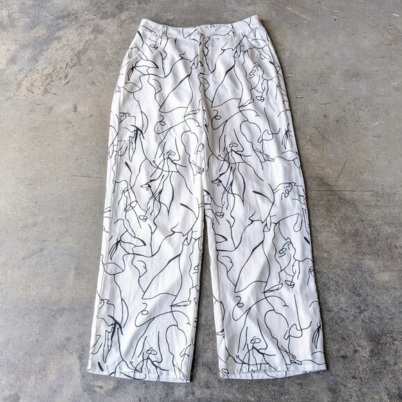 Le Lis White Black Abstract Lines Pattern Wide Leg Trousers Pants large - Picture 2 of 7